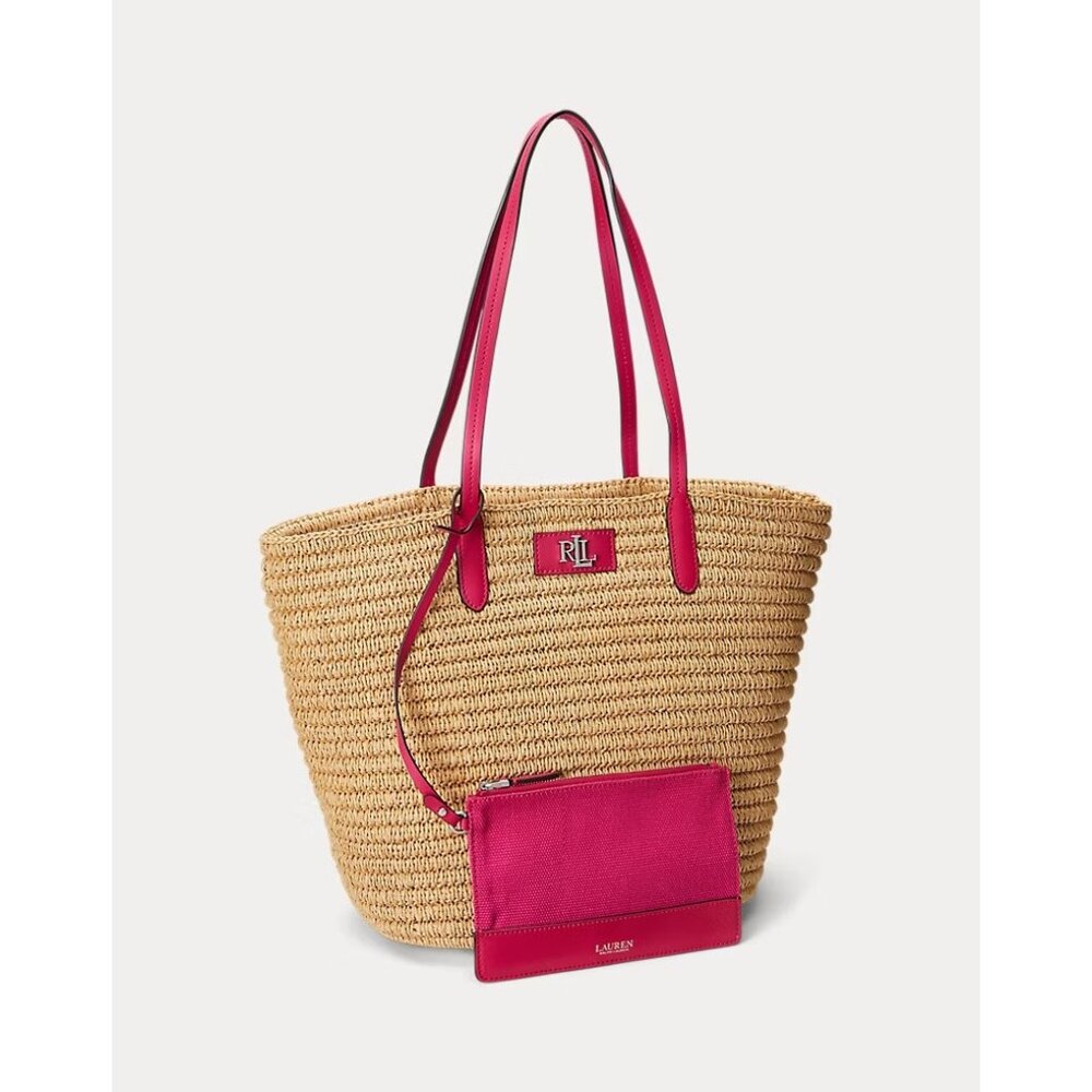 Lauren Ralph Lauren Natural Straw Tote with Fuchsia Trim